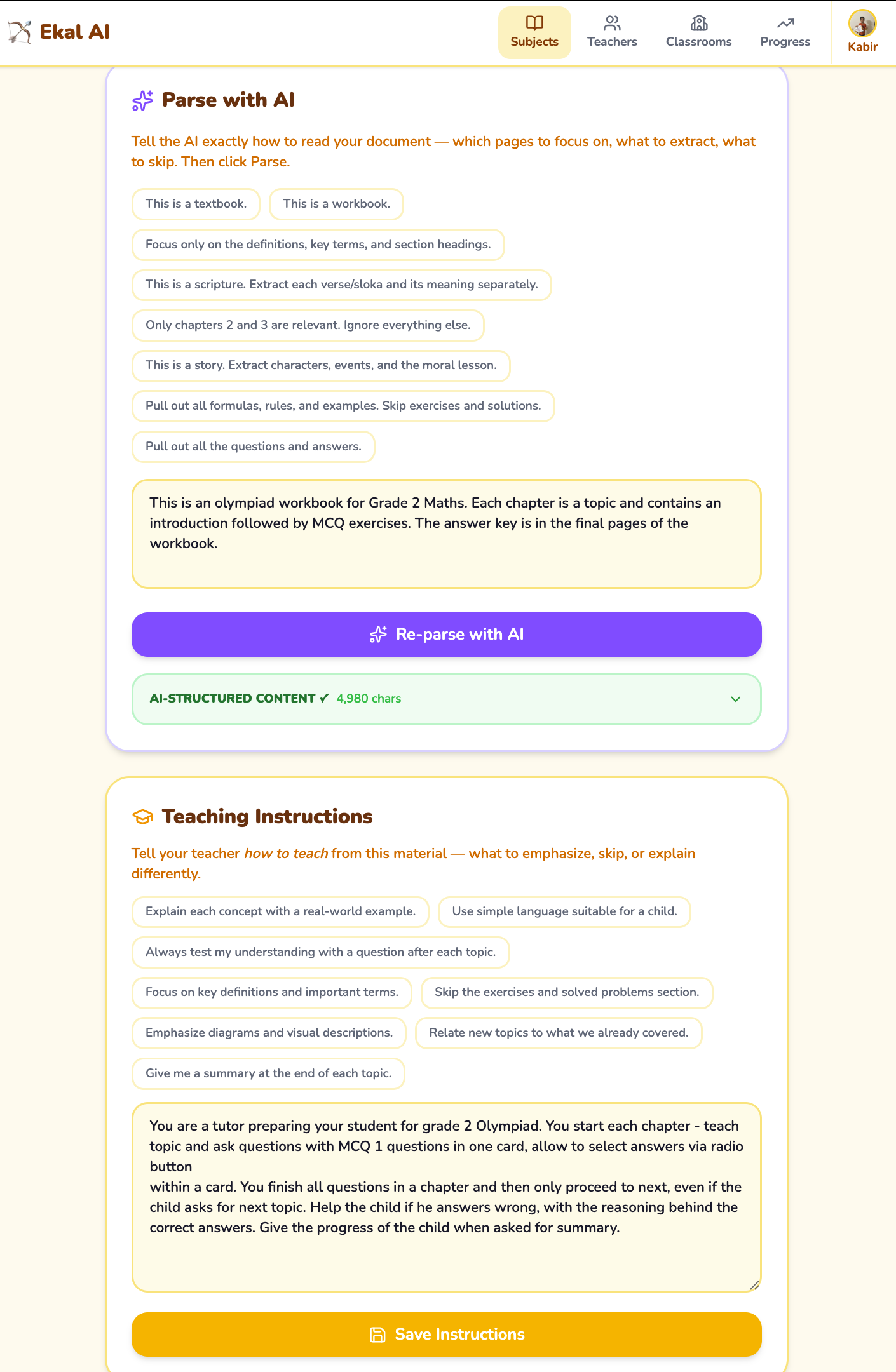 Teaching instructions